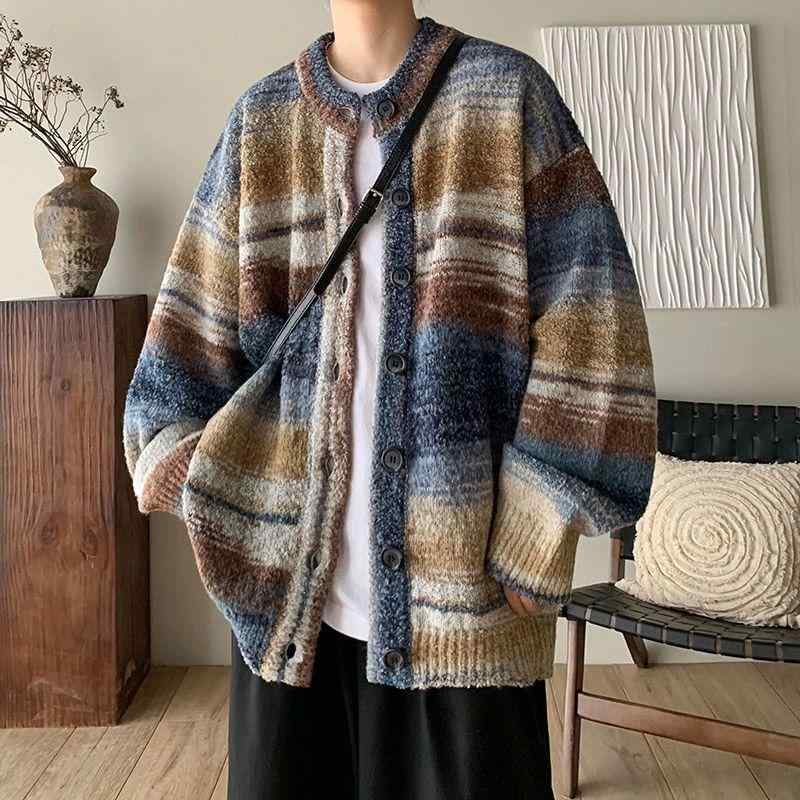 カーディガン メンズ ニット 春秋物 配色 長袖 ラウンドネック 普段使い カジュアルスタイル 部屋着 トップス 羽織り 冷房対策 緑 青