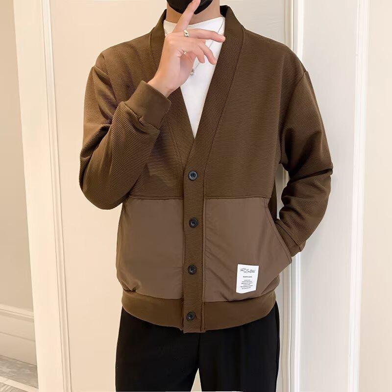 スウェット メンズ 男性用 秋冬 レトロ Vネック ボタン カーディガン ゆったり ブラック 黒 コーヒー ..