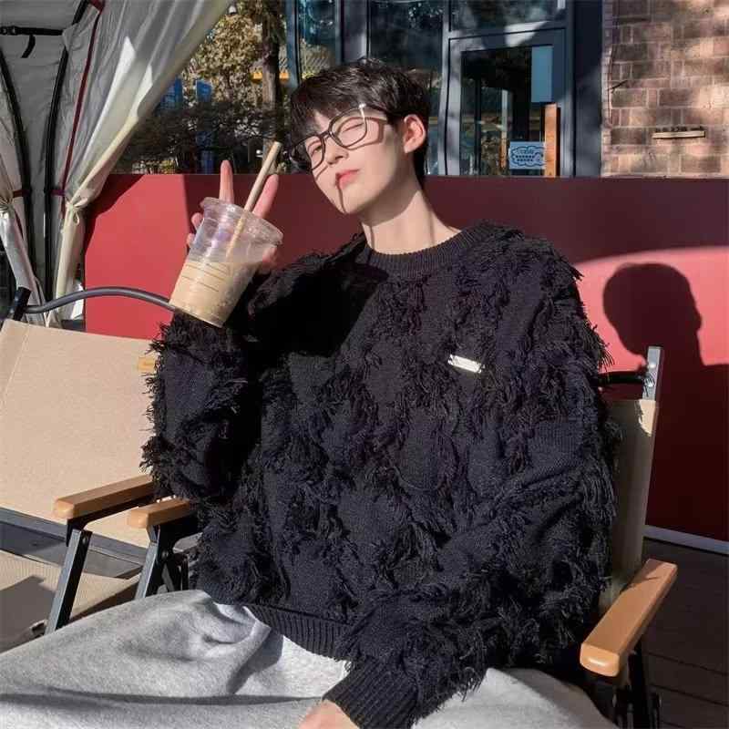ニット メンズ ニットカーディガン レトロ フリンジ付き 秋冬 若者 長袖 プルオーバー ゆったりサイズ 旅行 杏色系 ブラック