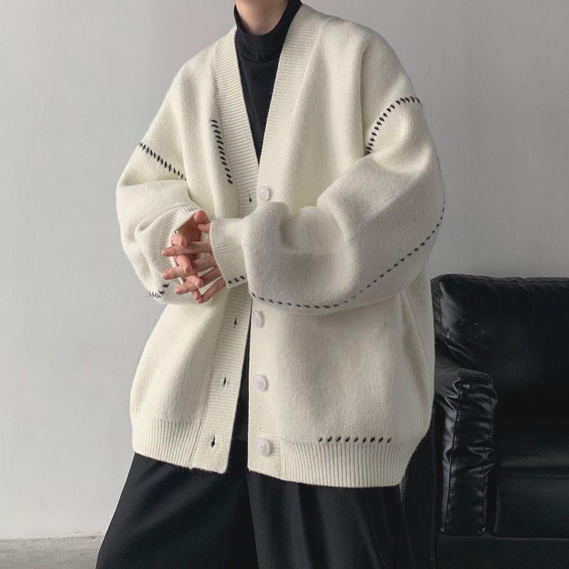 ニット メンズ カーディガン 秋冬 Vネック 長袖 レトロ 日系スタイル 厚手 ゆったりサイズ リラックス 普段使い ポリエステル ブラック ホワイト