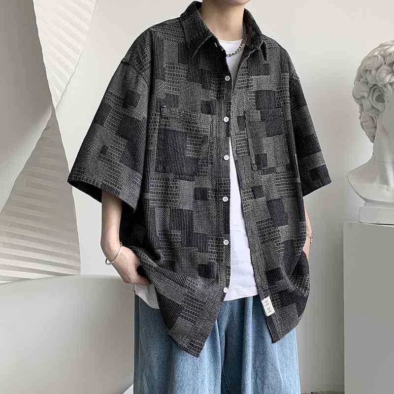 シャツ メンズ 半袖 和風 レトロ オープンカラー ゆったり トップス 普段使い ポリエステル ブラック ブルー