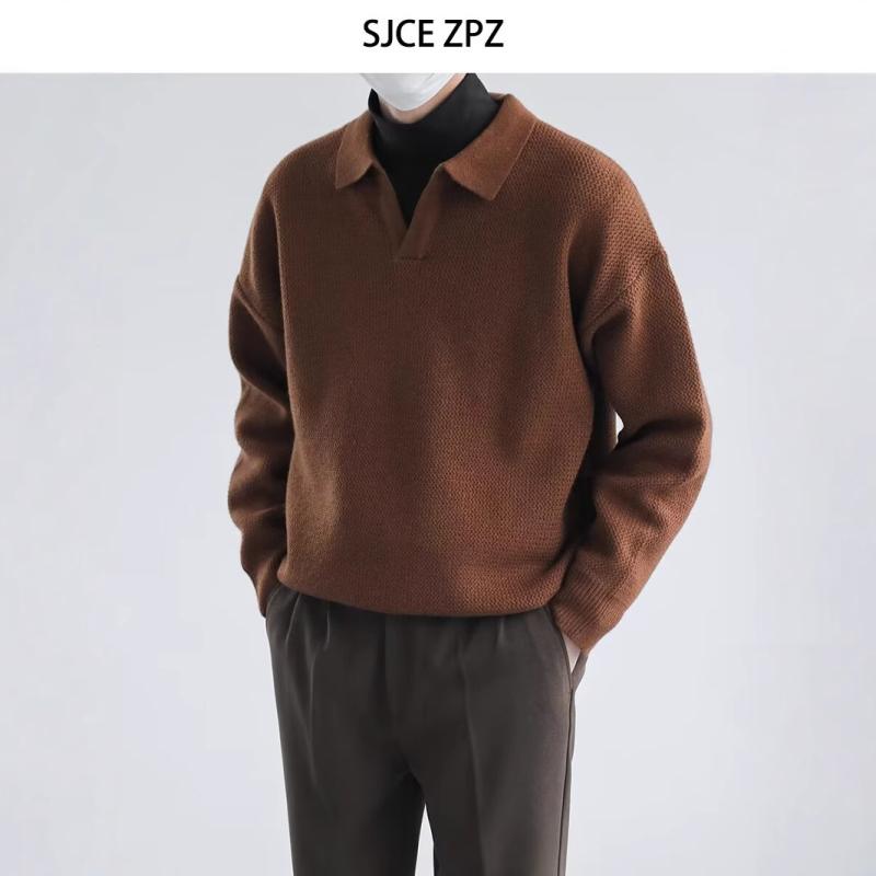 ニット メンズ カーディガン 秋冬 長袖 襟付き プルオーバー トップス カットソー 韓国 ゆったり カフェ色 黒