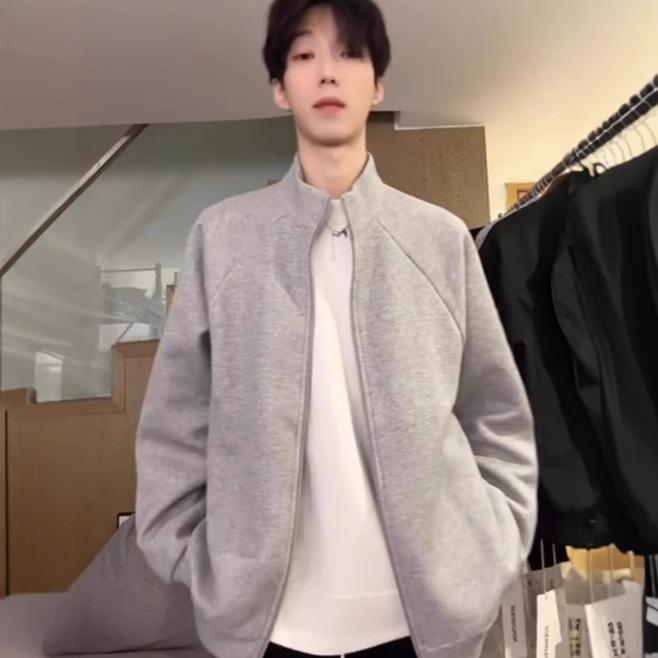 ジャケット メンズ 男性用 春秋 美式 スタンドカラー スウェット カーディガン アウター 杢グレー 黒 スポーティ カジュアル