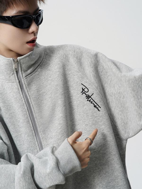 スウェット メンズ カーディガン 秋冬 裏起毛 刺繡 国潮スタイル スタンドカラー ジャケット ライトグ..