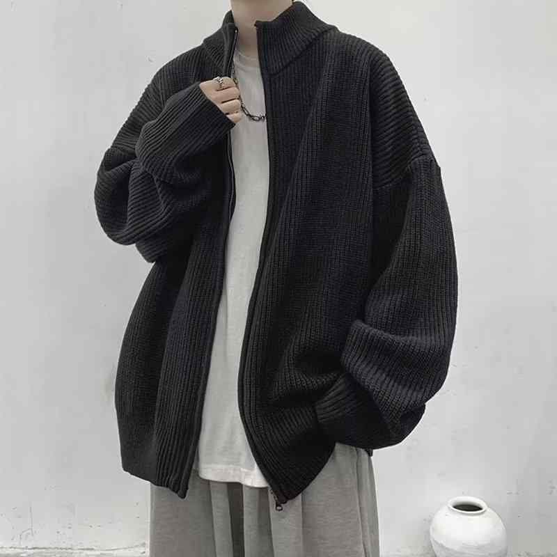 ニットカーディガン メンズ ニットジャケット 秋冬 厚手 防寒 立襟 リブ裾 ゆったり 普段使い 黒 ブラック グレー