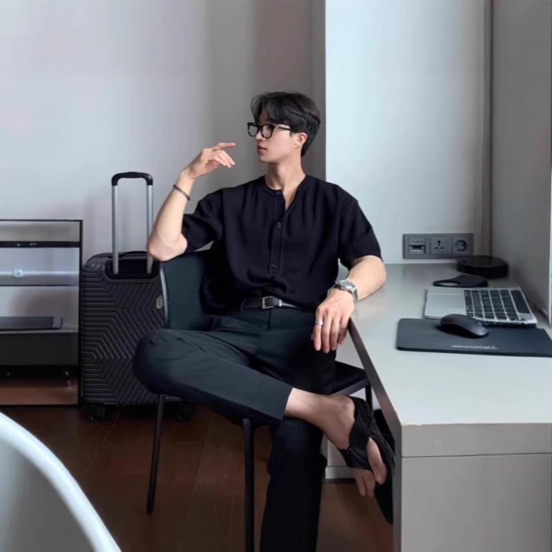 ニット メンズ カーディガン Tシャツ 半袖 トップス ラウンドネック 宽松 杢グレー ブラック アメカジスタイル