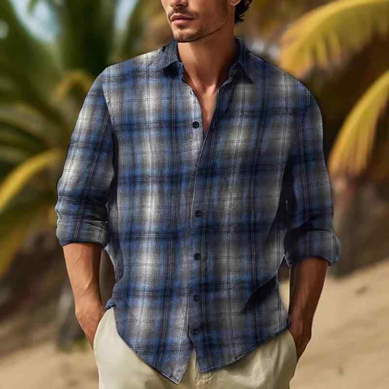 シャツ メンズ 色織り 格子柄 開襟シャツ 長袖 コットン混紡 軽熟 カジュアル 普段使い 春秋 藏青 酒紅色 黄色