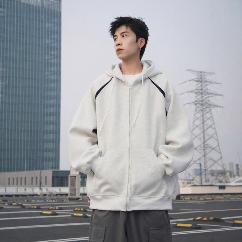 パーカー メンズ フーディ 春秋 無地 配色 長袖 ジップアップ ライトアウター トップス ルームウェア スポーティ カジュアル 白 グレー 赤