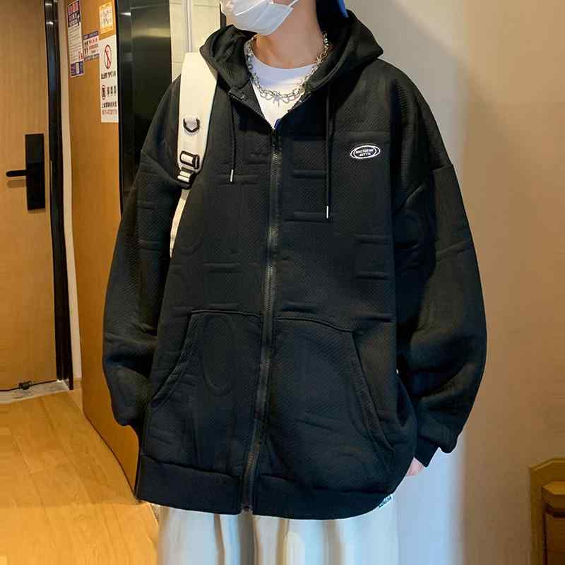 パーカー メンズ 春秋 韓国 風 カジュアル ゆったり 薄手 ジップアップ フード付き 部屋着 黒 グレー