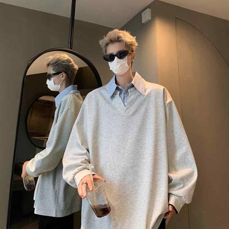 スウェット メンズ 春秋 ストリート系 カレッジスタイル 長袖 Tシャツ 配色 切り替え 襟付き プルオーバー ゆったり 大きめサイズ トップス 普段使い