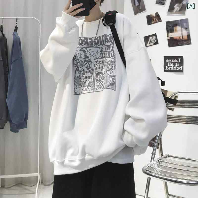 スウェット メンズ 男性用 トップス ラウンドネック 長袖 プリント 裏起毛 厚手 ゆったりサイズ ルーズフィット 秋冬 普段使い デイリーウェア ポリエステル ホワイト ブラック ブルー ダークグレー