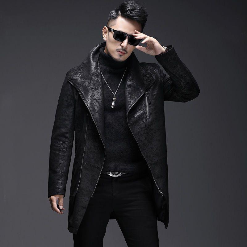 レザージャケット メンズ 紳士服 革 羊革 中長丈 アウター コート 秋冬 黒プリント柄・スタイル: 韓国・対象: 35歳以上のビジネスマン・着丈: ミドル丈(65cm超80cm以下)・シルエット: レギュラー・襟: スーツ・前開き: ジッ...