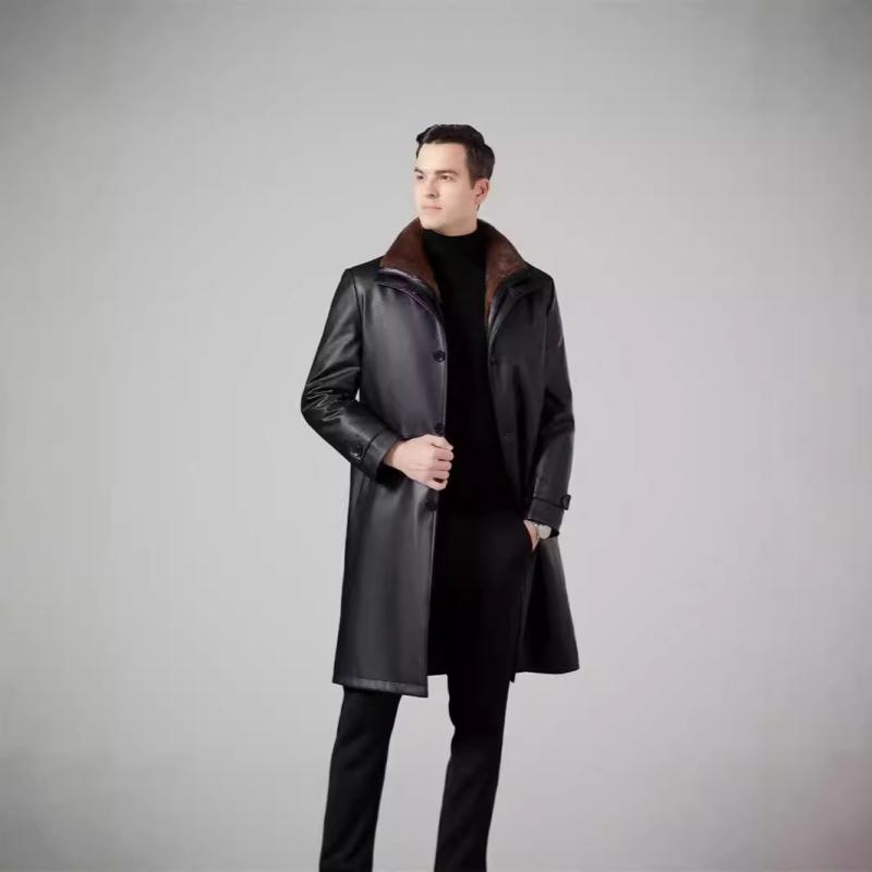 革ジャン メンズ 男性用 裏起毛 羊革 シープスキン レザージャケット ロング丈 シングルブレスト 紳士 合体型 無地 黒 ブラック 秋冬 あったか 防寒
