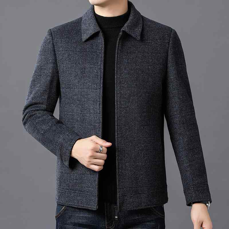 ジャケット 男性用 羊毛 アウター 秋冬 ミドルエイジ 紳士服 トップス 襟付き 厚手 グレー 無地 レギュラーフィット 長袖