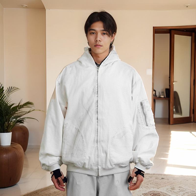 ジャケット 男性用 ブルゾン コットン 防風 厚手 フード付き アウター 春秋 カジュアル 白 青