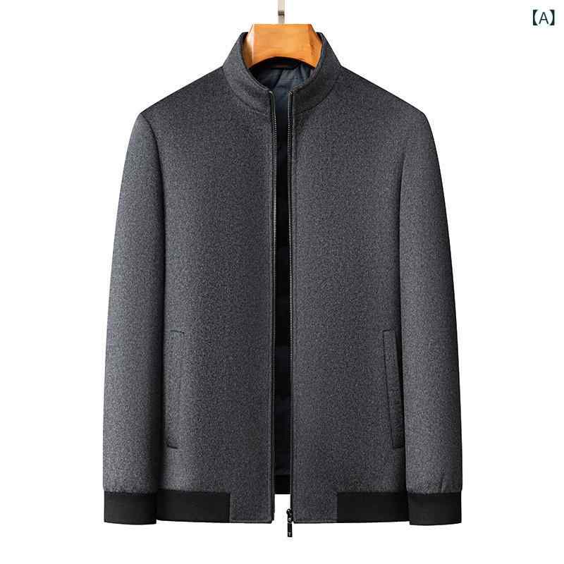 LINEAR shopのジャケット 男性用 ウール 毛呢 アウター ビジネス カジュアル 立襟 ショート丈 コート グレー 紺色｜アングル2