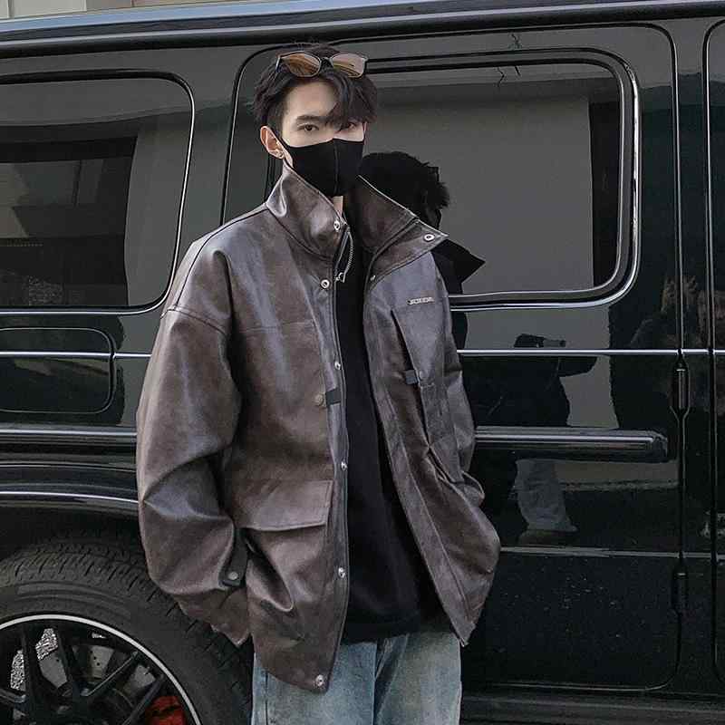 ジャケット 男性用 ブルゾン 秋冬 PUレザー ライダースジャケット ショート丈 大きいサイズ 立ち襟 普段使い 棕色 黒