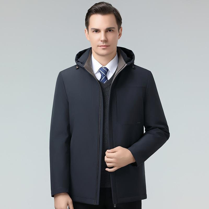 ジャケット 男性用 フード付き 取り外し可能 インナー付き 防寒 厚手 ポリエステル アウター 立襟 ジッパー 秋冬 カーキ 深青 ブラック