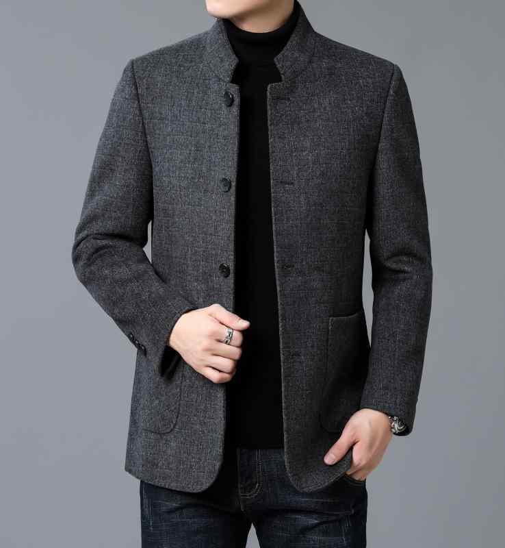 ジャケット メンズ 男性用 ウール 格子柄 テーラード 厚手 ビジネス カジュアル 立襟 アウター グレー