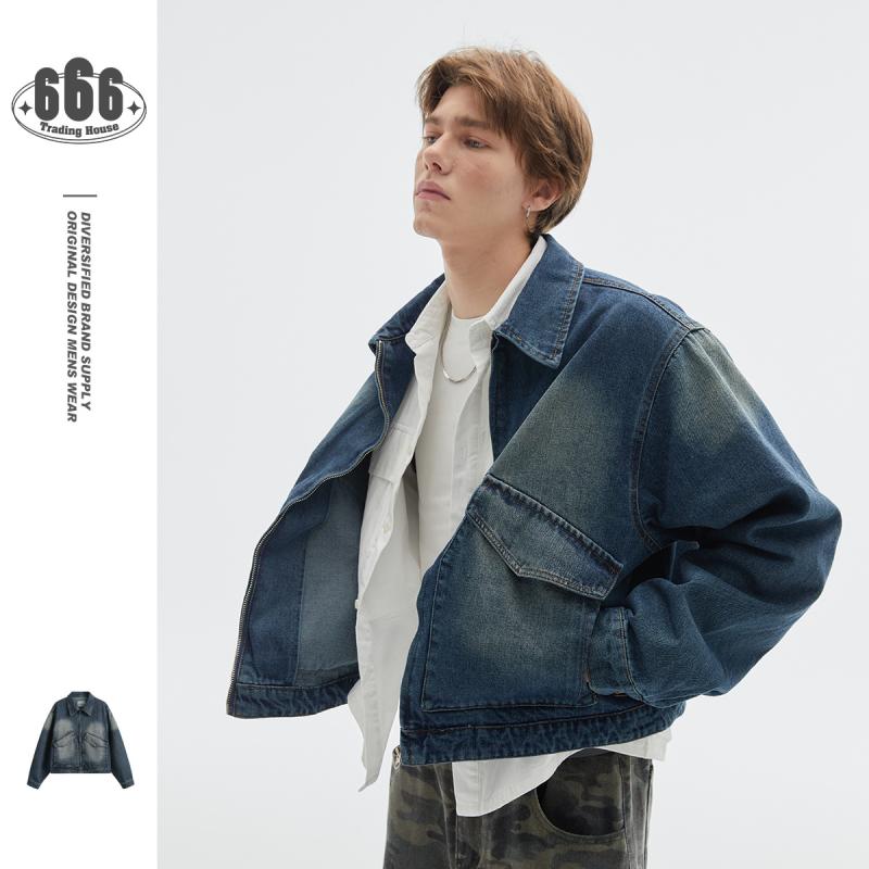 ジャケット 男性用 レトロ ウォッシュド デニム ブルゾン ワーク 長袖 春秋 綿 普段使い 水色