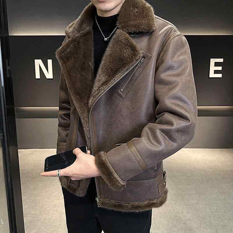 皮ジャンパー メンズ シープボア 裏起毛 レザー ジャケット 秋冬 ライダースジャケット PUレザー ブルゾン 防寒 あったか 深いコーヒー色