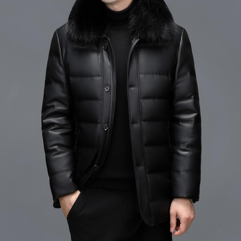 皮ジャケット メンズ 男性用 シープスキン 革 ダウンジャケット 中綿 レザージャケット ミドル丈 紳士 アウター 秋冬 防寒 あったか ブラック
