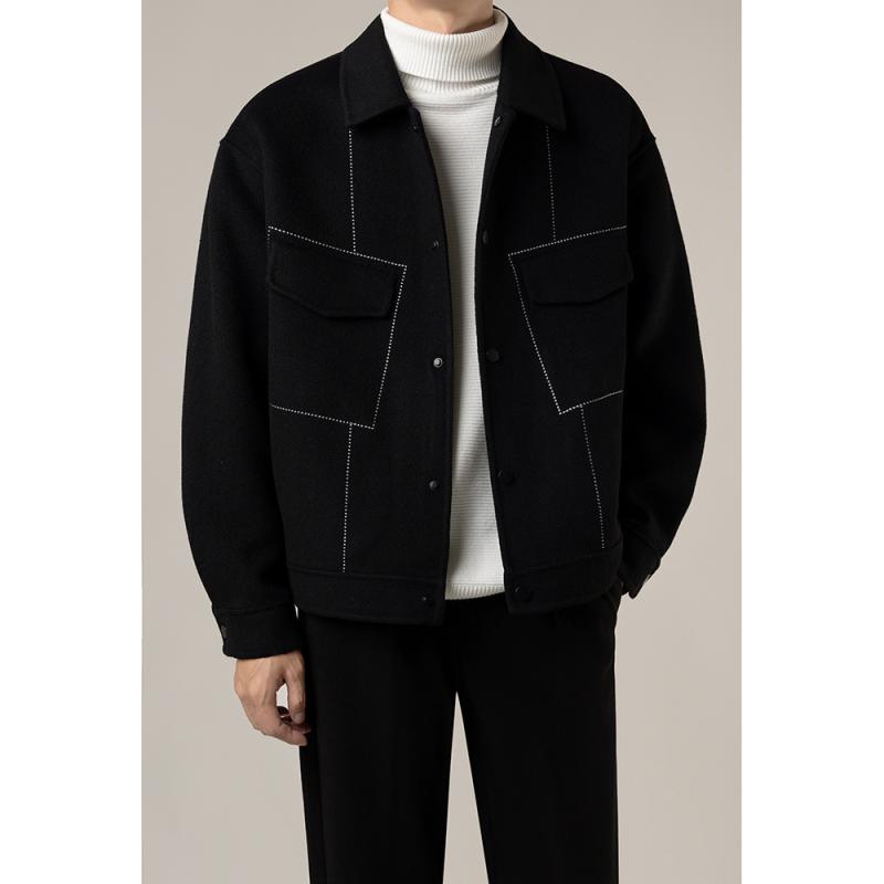ジャケット メンズ ウール ショート丈 秋冬 厚手 無地 アウター カジュアル ドロップショルダー ブラック系