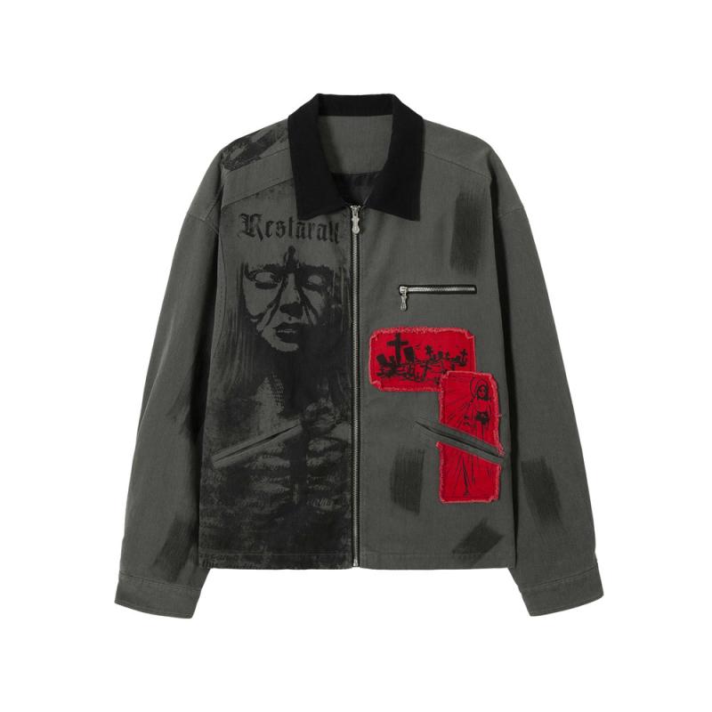 ジャケット 男性用 ストリート系 コットン 個性派 ワッペン 水墨画風 ルーズフィット 長袖 ライトアウ..