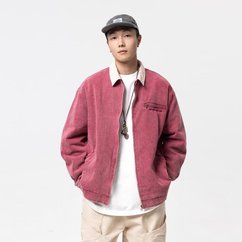 ジャケット メンズ 男性用 耐摩耗性 コットン コーデュロイ 襟付き ジップアップ ルーズフィット ドロップショルダー ブラック レッド ブラウン S M L XL 春秋 カジュアル(x2)