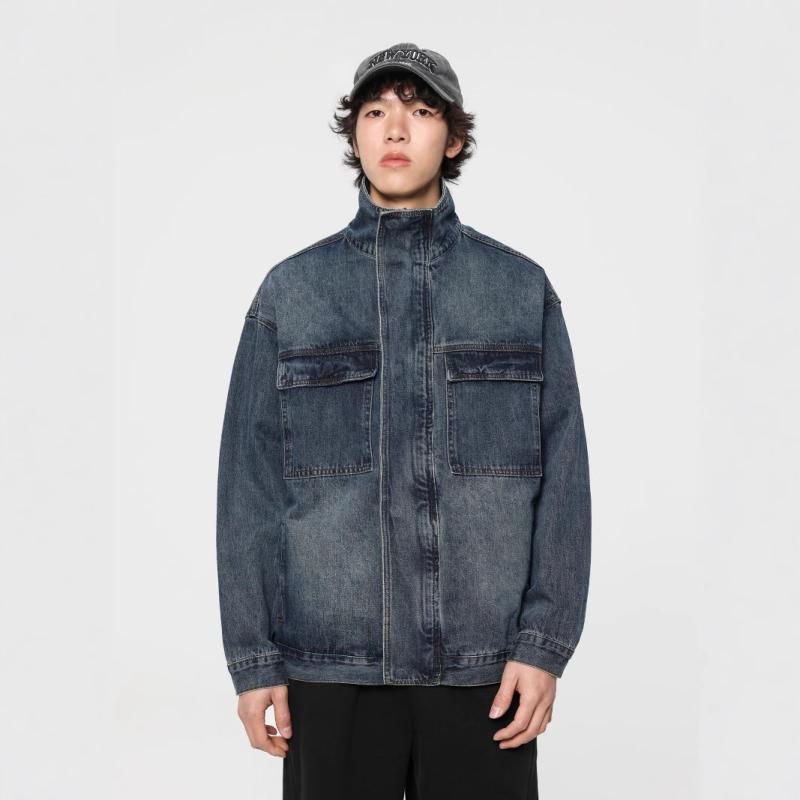 ジャケット 男性用 Gジャン デニム ウォッシュ加工 立襟 コットン ワークスタイル ブルゾン 多ポケット 深青