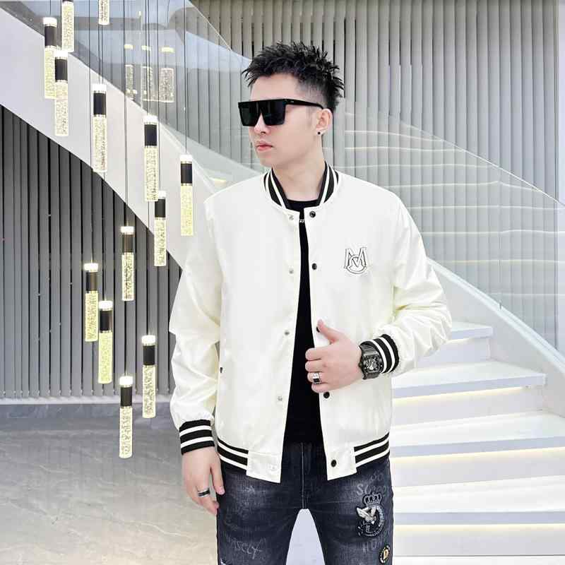 ジャケット メンズ 男性用 ブルゾン 刺繍 野球襟 ライトアウター 長袖 トップス スポーティー カジュアル ブラック ホワイト 秋冬