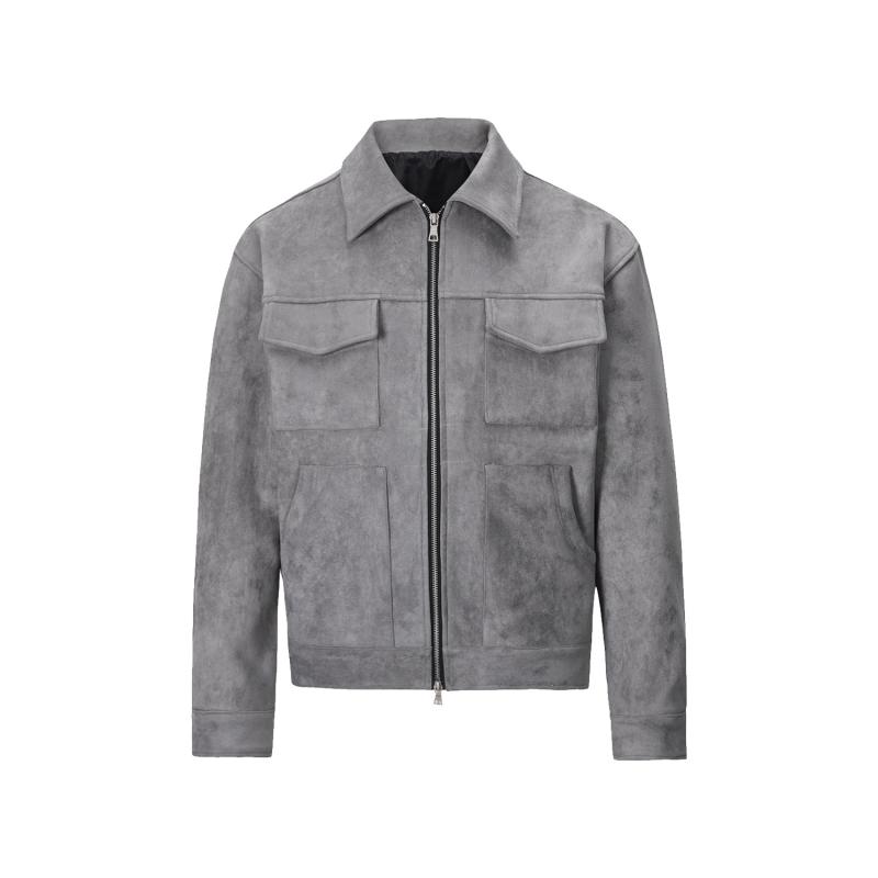 ジャケット メンズ 男性用 スエード ブルゾン ジャンパー フライトジャケット レトロ カジュアル 無地 ルーズ ゆったり 襟付き ジップアップ ポリエステル ブラック 黒 グレー 春秋