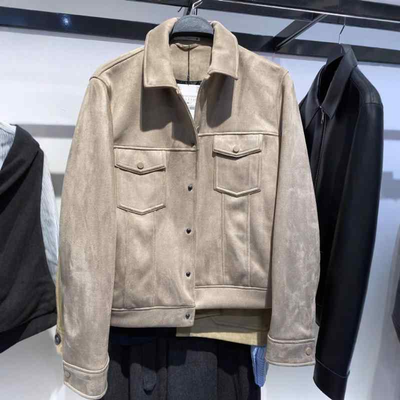 ジャケット 男性用 レトロ ワークスタイル ポケット付き スエード 短丈 アウター アメリカンカジュアル 秋季 ポリエステル ミルクホワイト ブラック ダークブラウン