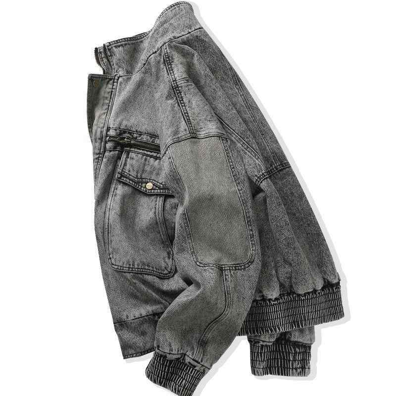 ジャケット 男性用 ゆったり デニム ウォッシュ加工 ダメージ加工 レトロ ヴィンテージ アメリカン スタイル 立襟 ジップアップ 厚手 グレー