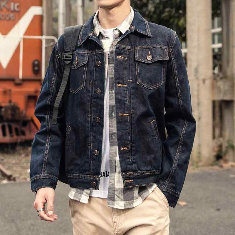 デニムジャケット メンズ 男性用 Gジャン デニム アウター ウォッシュ加工 ワークスタイル ブルゾン 翻領 長袖 コットン 無地 S M L XL 2XL 3XL 4XL 深藍色 藍色 黒 ブラック グレー