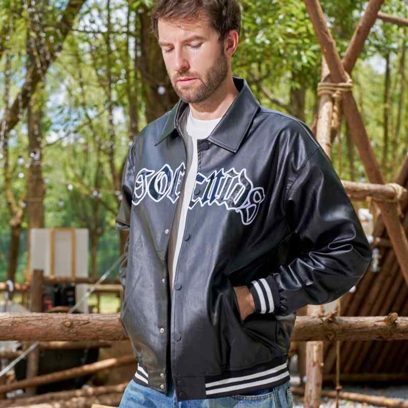 ジャケット 男性用 レザージャケット 刺繍 スタジャン 野球服 秋冬 PUレザー 白 黒 リブ裾 ゆったり 防水 耐摩耗 防風