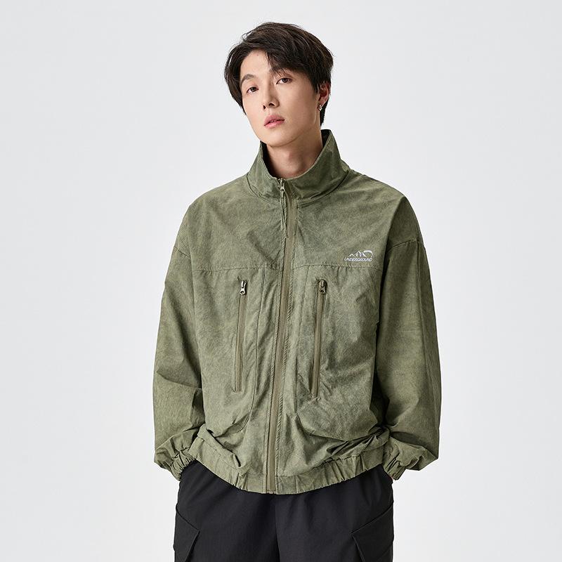 ジャケット 男性用 防風 ブルゾン 立襟 ワークジャケット ゆったり 大きいサイズ コットン ミリタリー 春秋 ベージュ系 グリーン