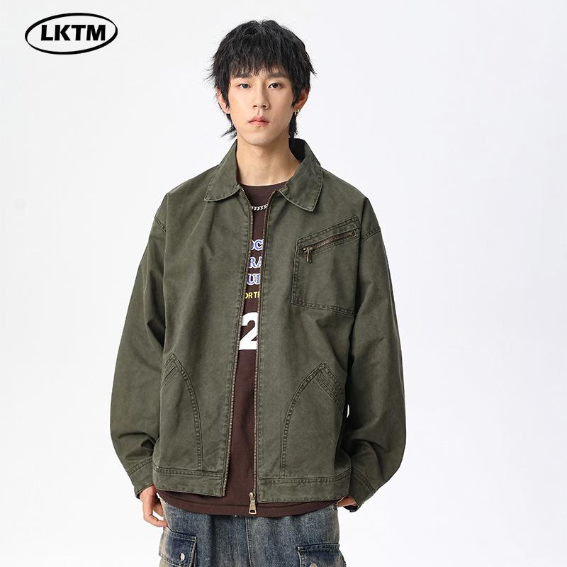 ジャケット 男性用 コットン 翻襟 長袖 ジップアップ アーミーグリーン ゆったりシルエット サイドポケット 秋冬