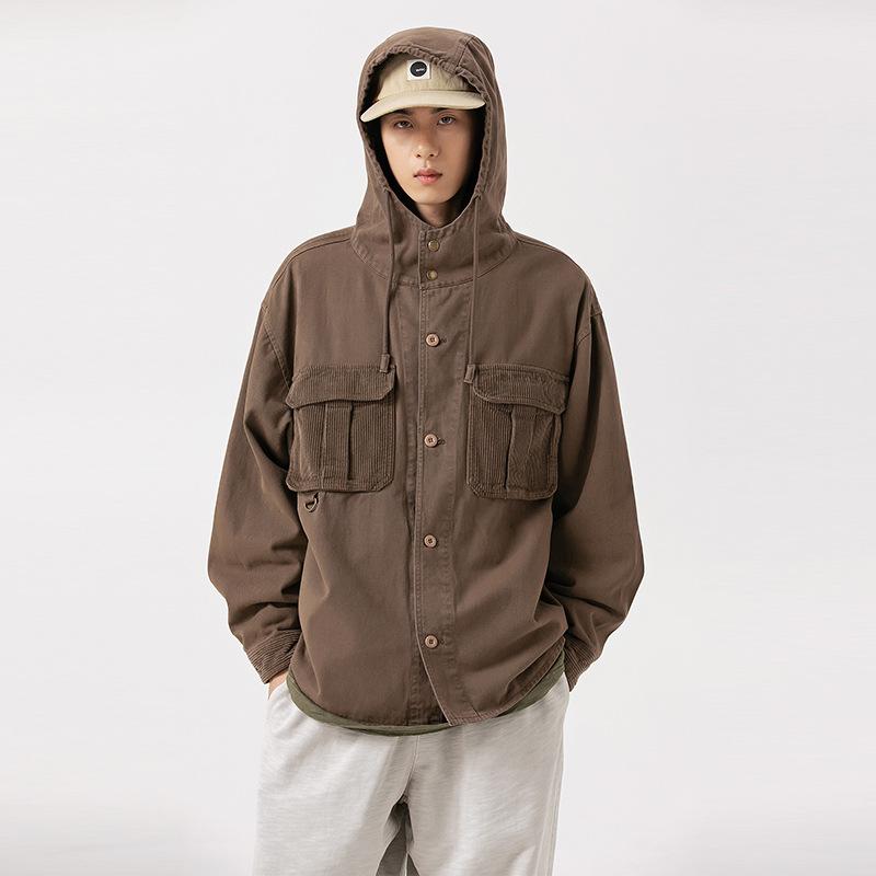 ジャケット メンズ 男性用 コットン コーデュロイ パッチポケット 立体裁断 フード付き ライトアウター..