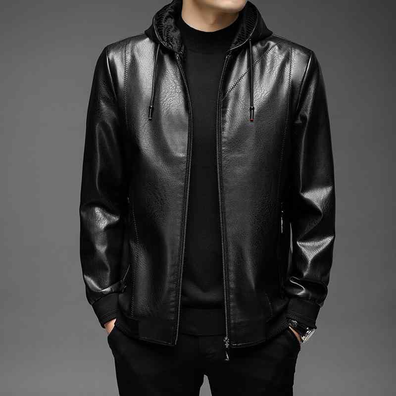 革ジャン メンズ PUレザー ジャケット フード付き 男性用 アウター 合皮 秋冬 防寒 あったか 裏起毛 黒
