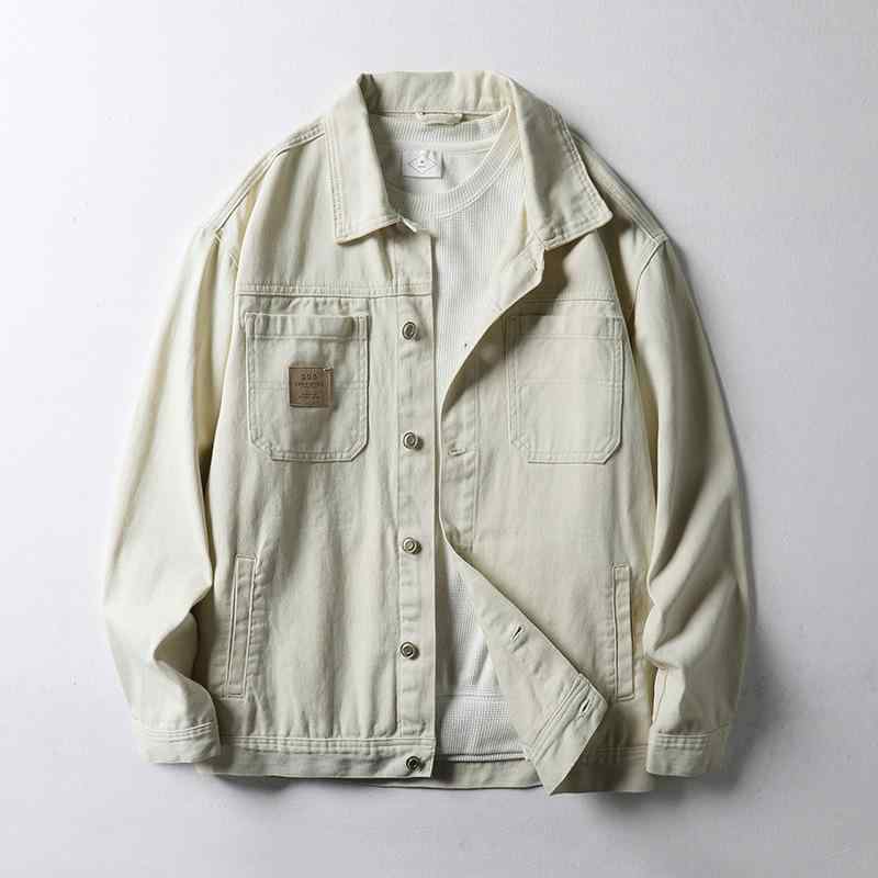 デニムジャケット 男性用 Gジャン 中国風 貔貅 刺繍 コットン 翻襟 長袖 アウター 秋 ホワイト 耐摩耗