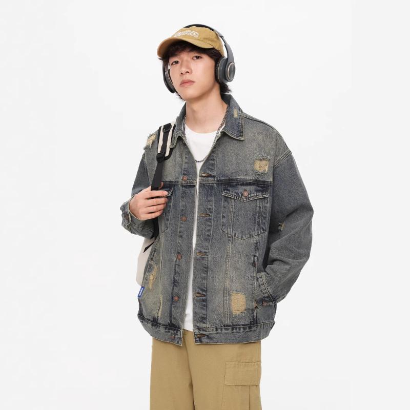 ジャケット 男性用 春秋 デニム ウォッシュ加工 ダメージ レトロ ワーク カジュアル ゆったり 厚手 防風 通気 耐摩耗 コットン ブルー