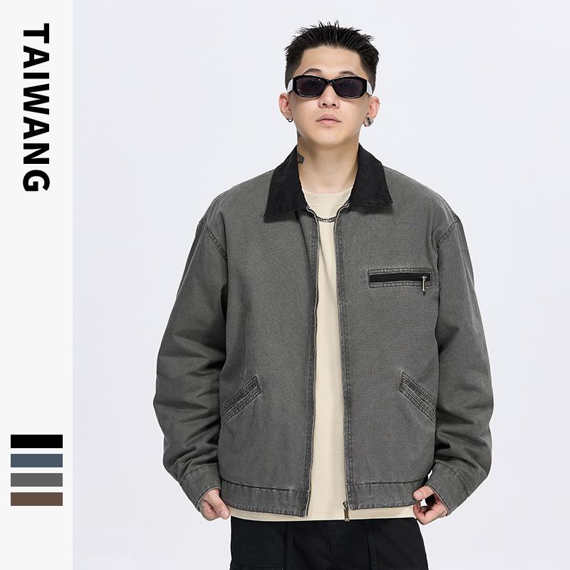 ジャケット 男性用 アメリカンワークウェア 帆布 ブルゾン 耐摩耗 防風 ジップアップ ライトアウター 黒 青 グレー コーヒー 綿(x2)