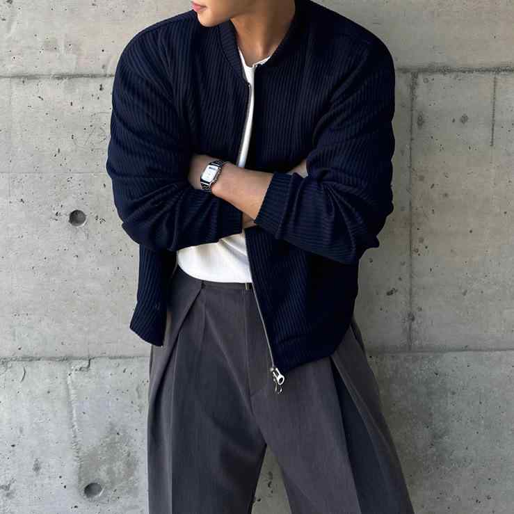 ジャケット 男性用 スタンドカラー ブルゾン ゆったり 韓国 ポリエステル 再生繊維 春 上着 ワインレッド 紺色