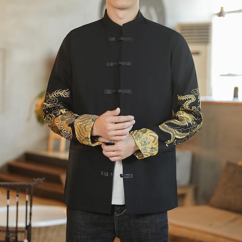 ジャケット 男性用 スタンドカラー 刺繍 カジュアル ブルゾン 大码 コットン ブラック 春秋