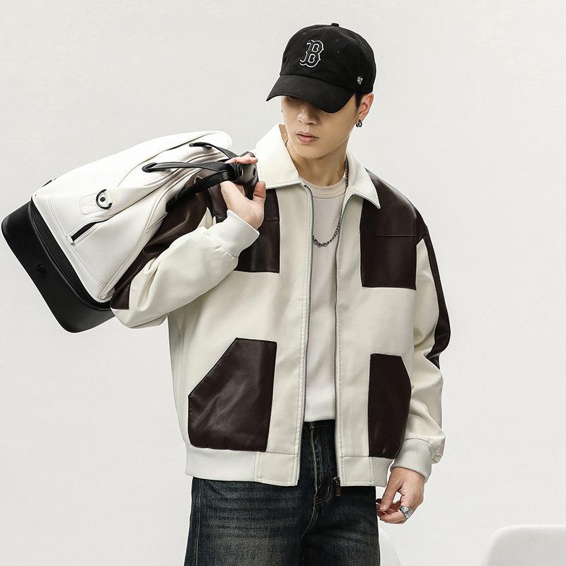 皮ジャン メンズ PUレザー ジャケット ブルゾン 配色 切替 襟付き アウター 秋冬 ストリート カジュアル スタイル