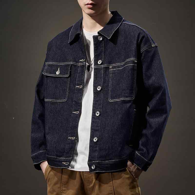ジャケット メンズ 水洗い 長袖 デニム ブルゾン Gジャン ワーク アウター トップス 翻襟 襟付き 深青 コットン