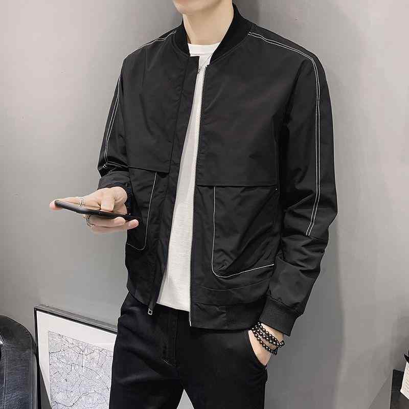 ジャケット メンズ スリムフィット ブルゾン 秋冬 薄手 襟付き アウター 配色 無地 スポーティー カジュアル ブラック カーキ ポリエステル