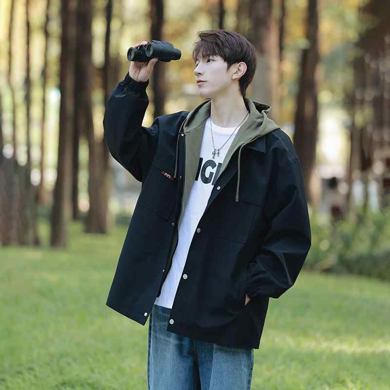 ジャケット メンズ 春秋用 防風 アウター フード付き ジャンパー ブルゾン 配色 切替 スポーツ カジュアル ウェア ポリエステル 黒 ブラック カーキ 緑 グリーン M L XL 2XL 3XL 4XL