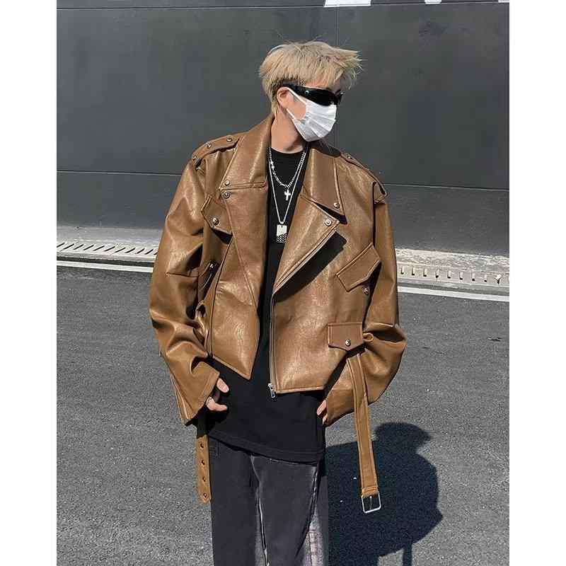 ジャケット メンズ 男性用 アメリカン 咖色 スタッズ付き PUレザー ショート丈 ライダースジャケット ブルゾン 20代 30代 ストリート カジュアル ブラウン ブラック